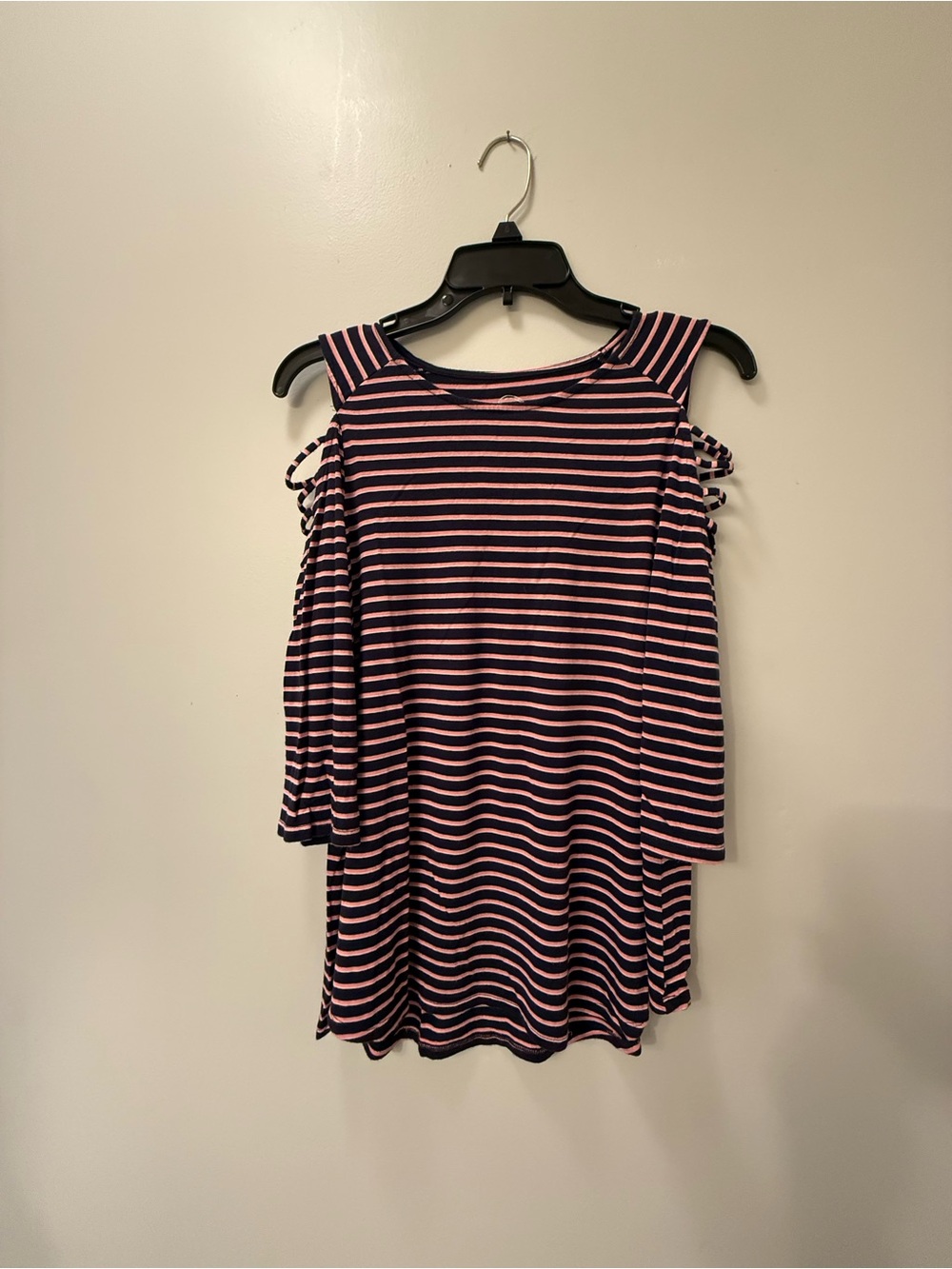 Maurices Navy and Pink Striped Cold-Shoulder Long Sleeve Tee